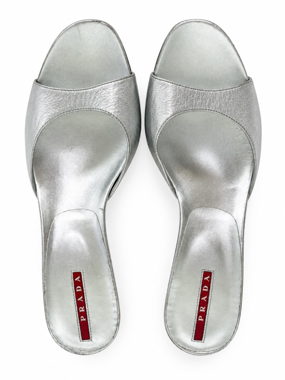 Prada Silver Metallic Leather Open Toe Mule Heels Sandals Size 37 - Picture 4 of 16